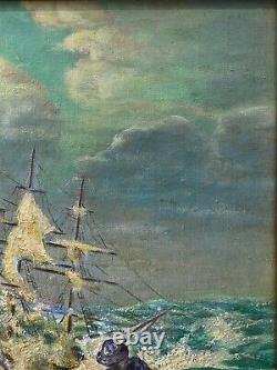 Antique Vintage Old WPA Nautical Sailor Seascape Oil Painting, Signed'40s