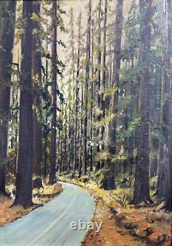 Antique Vintage Original Old Oil Painting -Drive Through Redwood Forest -Signed