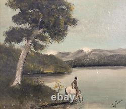 Antique Vintage Original Old Oil Painting Landscape Native Indian Idyll -Signed