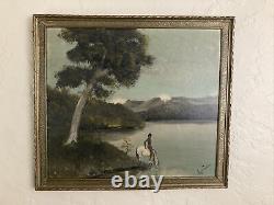 Antique Vintage Original Old Oil Painting Landscape Native Indian Idyll -Signed