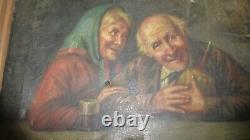 Antique Vintage Signed Oil On Canvas BIZZARE Painting Signed Old Man Woman