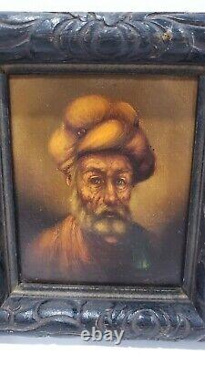 Antique Vintage Small Oil On Board Painting Portrait Of Old Man, Signed