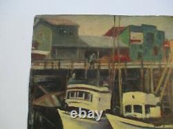 Antique Vintage Wpa Style Impressionist Painting Nautical Regionalism Marina Old