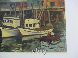 Antique Vintage Wpa Style Impressionist Painting Nautical Regionalism Marina Old