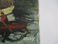 Antique Vintage Wpa Style Impressionist Painting Nautical Regionalism Marina Old