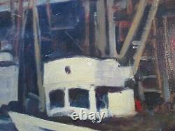 Antique Vintage Wpa Style Impressionist Painting Nautical Regionalism Marina Old