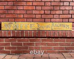 Antique WHITE SEWING MACHINE Sign Primitive Wood Old Smaltz Paint Mustard AAFA