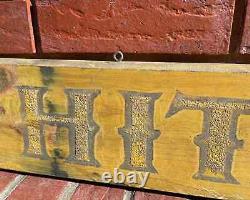 Antique WHITE SEWING MACHINE Sign Primitive Wood Old Smaltz Paint Mustard AAFA