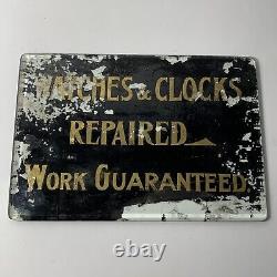 Antique Watch and Clock Repaired Beveled Glass Sign Advertising Repair Shop Old