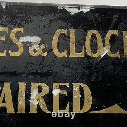 Antique Watch and Clock Repaired Beveled Glass Sign Advertising Repair Shop Old