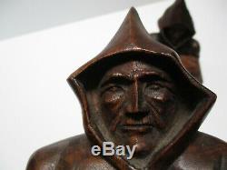 Antique Wood Carving Pair Men W Hoods Signed P. Russ Vintage Statue Bookends Old