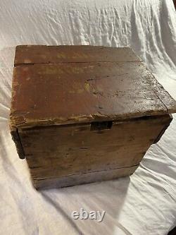 Antique Wooden Box with Early Red and Mustard Paint Advertising old surface crate