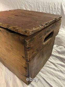 Antique Wooden Box with Early Red and Mustard Paint Advertising old surface crate