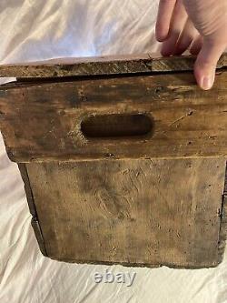 Antique Wooden Box with Early Red and Mustard Paint Advertising old surface crate