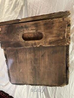 Antique Wooden Box with Early Red and Mustard Paint Advertising old surface crate