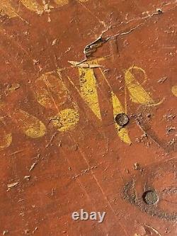 Antique Wooden Box with Early Red and Mustard Paint Advertising old surface crate