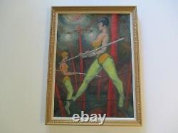 Antique Wpa Ashcan Style Oil Painting Art Deco Circus Rare Portrait Old Buchholz