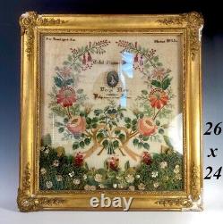 Antique c. 1855 French Embroidery Sampler, signed by 11-yr Old Girl, Gesso Frame