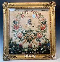 Antique c. 1855 French Embroidery Sampler, signed by 11-yr Old Girl, Gesso Frame