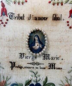 Antique c. 1855 French Embroidery Sampler, signed by 11-yr Old Girl, Gesso Frame