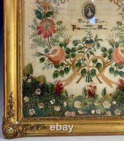 Antique c. 1855 French Embroidery Sampler, signed by 11-yr Old Girl, Gesso Frame