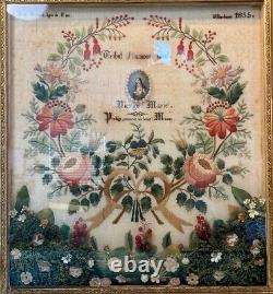 Antique c. 1855 French Embroidery Sampler, signed by 11-yr Old Girl, Gesso Frame