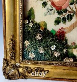 Antique c. 1855 French Embroidery Sampler, signed by 11-yr Old Girl, Gesso Frame