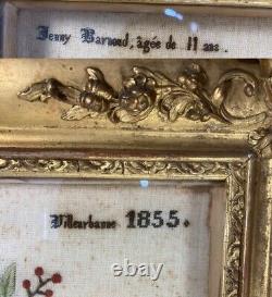 Antique c. 1855 French Embroidery Sampler, signed by 11-yr Old Girl, Gesso Frame