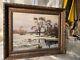 Antique Oil/board Winter Stream And Woods Snowscape, Signed E. H Old Artist Board