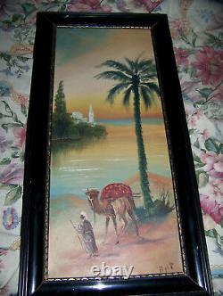 Antique oil painting on board arab camel signed very old picture