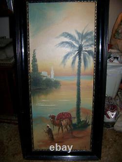 Antique oil painting on board arab camel signed very old picture