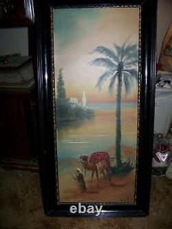 Antique oil painting on board arab camel signed very old picture