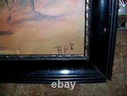 Antique oil painting on board arab camel signed very old picture