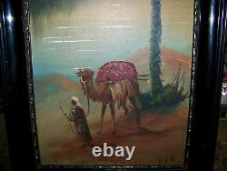 Antique oil painting on board arab camel signed very old picture