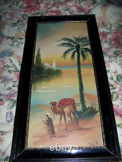 Antique oil painting on board arab camel signed very old picture