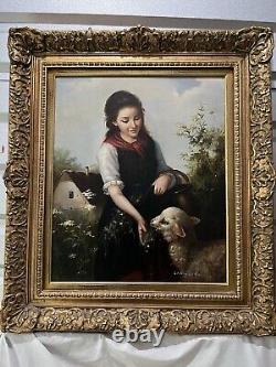 Antique old painting of girl feeding a lamb. Signed Landseer Beautiful Painting