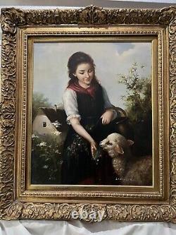 Antique old painting of girl feeding a lamb. Signed Landseer Beautiful Painting