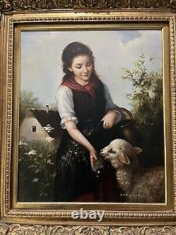 Antique old painting of girl feeding a lamb. Signed Landseer Beautiful Painting