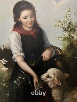 Antique old painting of girl feeding a lamb. Signed Landseer Beautiful Painting