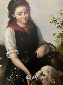 Antique old painting of girl feeding a lamb. Signed Landseer Beautiful Painting