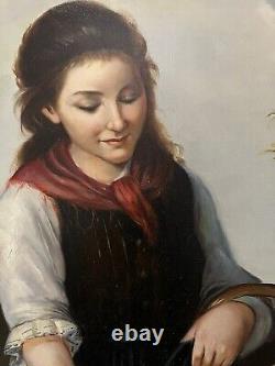 Antique old painting of girl feeding a lamb. Signed Landseer Beautiful Painting