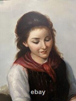 Antique old painting of girl feeding a lamb. Signed Landseer Beautiful Painting
