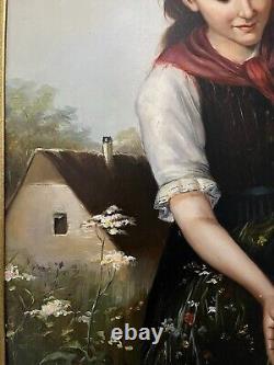 Antique old painting of girl feeding a lamb. Signed Landseer Beautiful Painting