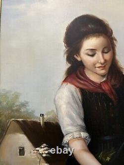 Antique old painting of girl feeding a lamb. Signed Landseer Beautiful Painting
