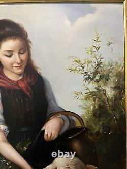 Antique old painting of girl feeding a lamb. Signed Landseer Beautiful Painting