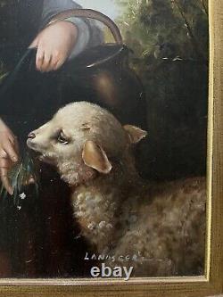 Antique old painting of girl feeding a lamb. Signed Landseer Beautiful Painting