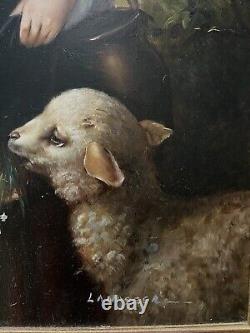 Antique old painting of girl feeding a lamb. Signed Landseer Beautiful Painting