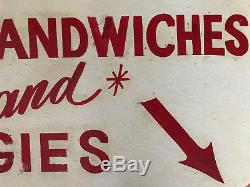 Antique old wood sign original hand painted red lettering Sandwiches and hoagies