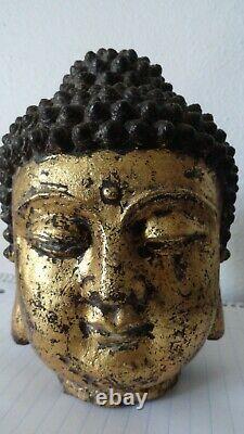 Antique qing dynasty gilded buddha head guanyin marked cast iron old