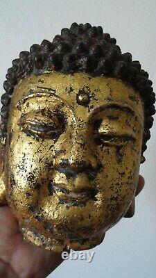 Antique qing dynasty gilded buddha head guanyin marked cast iron old